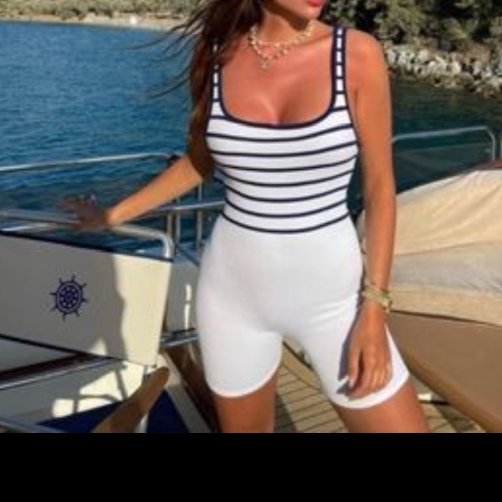 ZARA seamless striped white/navy jumpsuit
